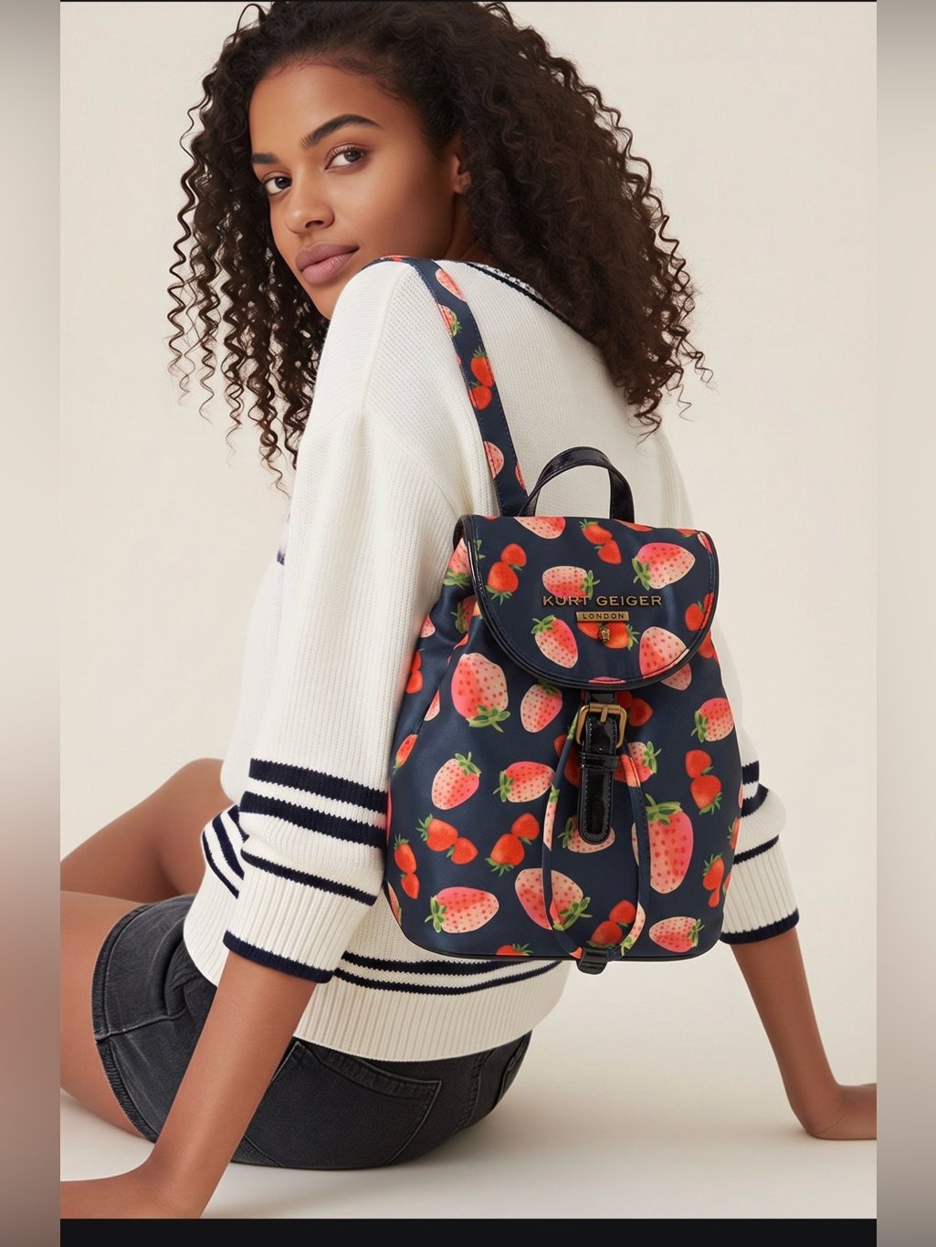 Kurt Geiger Navy Strawberry Print Mini Backpack Nwt